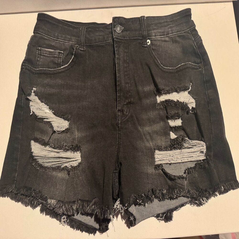 Women Summer Denim Shorts  Ripped Faryed Hem Distressed Stretch Short Black